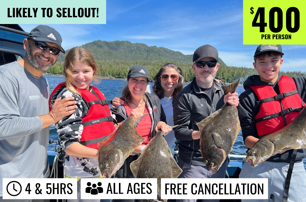 Halibut fishing charter in Ketchikan, Alaska. You can take up to 6 people per boat (4 boats available). Rates start at $400 per person based on a 4 person minimum.