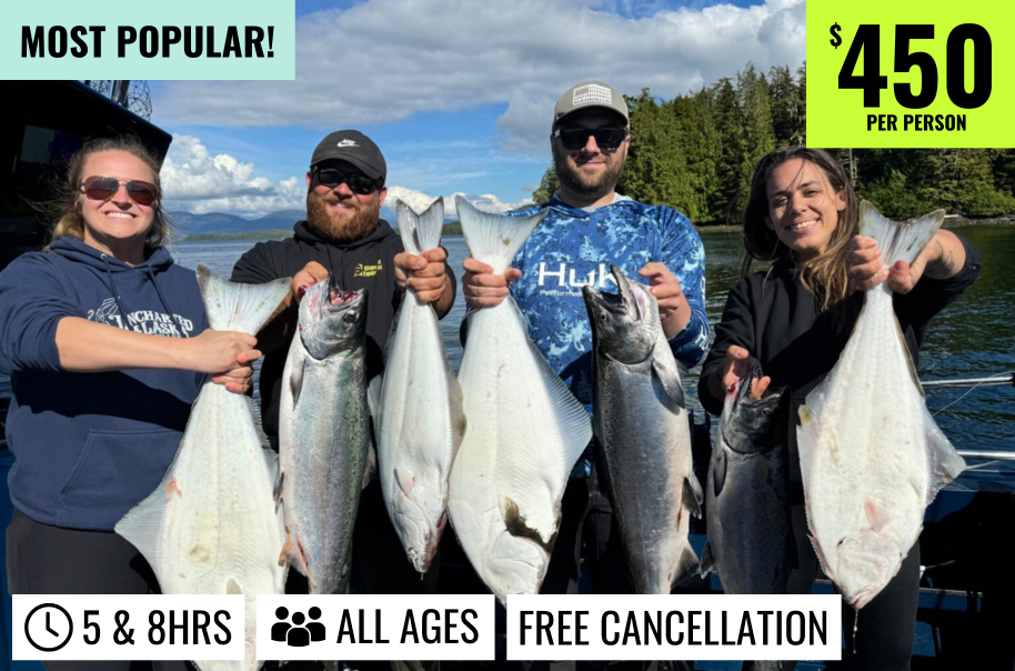 Salmon & halibut fishing charter in Ketchikan, Alaska. You can take up to 6 people per boat (4 boats available). Rates start at $450 per person based on a 4 person minimum.