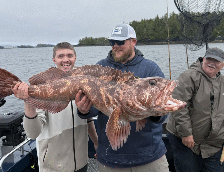 Captain Tony, of Ketchikan's Finest Fishing Charters, standing next to two guests holding a massive lingcod caught on a ketchikan fishing charter.